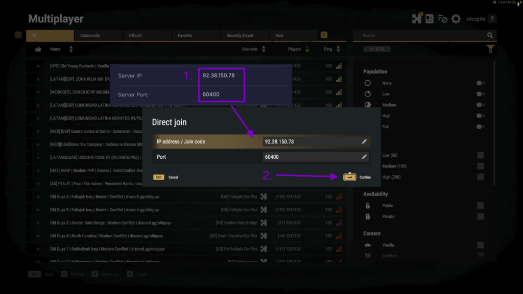 Arma Reforger Direct Join dialog filled with server IP and port information
