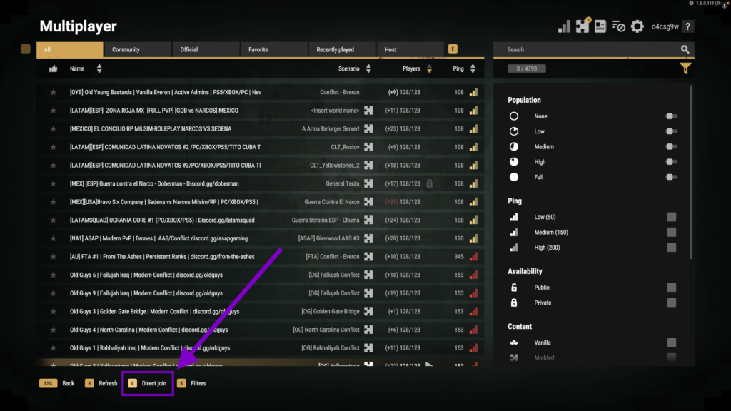 Arma Reforger Multiplayer server browser with Direct Join button highlighted