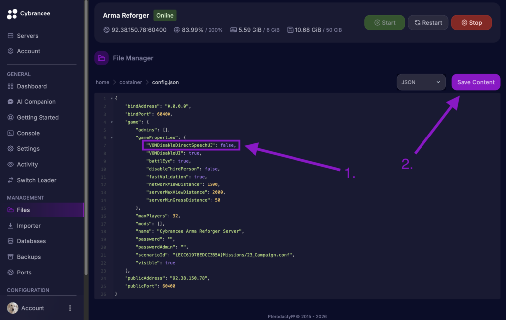 Cybrancee File Manager showing the Arma Reforger config.json file, with the VONDisableDirectSpeechUI setting highlighted as false and the Save Content button highlighted.