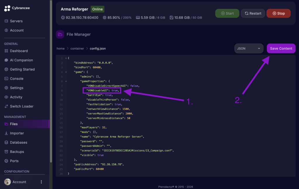 Cybrancee File Manager displaying the Arma Reforger config.json file, with the VONDisableUI setting changed to true and the Save Content button highlighted.