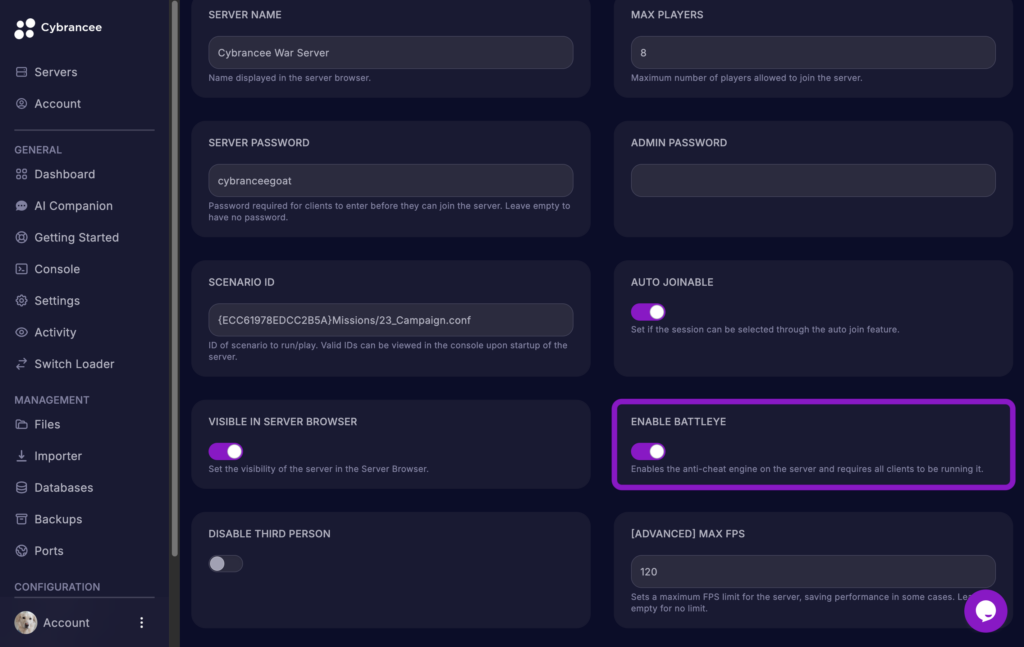 Cybrancee game panel showing the Arma Reforger Startup variables page with the Enable BattlEye option enabled and highlighted.