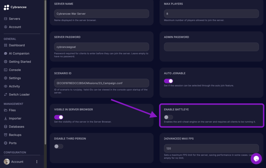 Cybrancee game panel showing the Arma Reforger Startup variables page with the Enable BattlEye option highlighted.