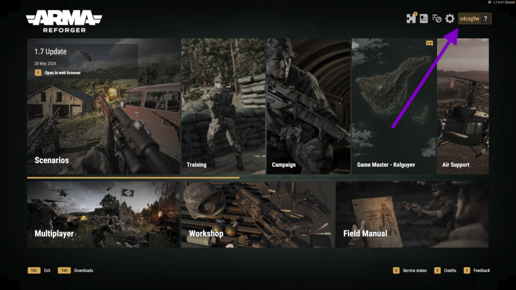 Arma Reforger Main Menu with Profile Highlighted
