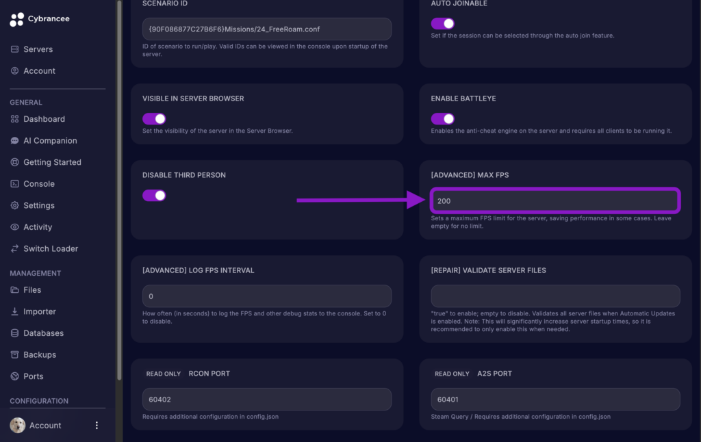 Cybrancee game panel showing the Arma Reforger Startup variables page with the Advanced Max FPS field updated and highlighted.