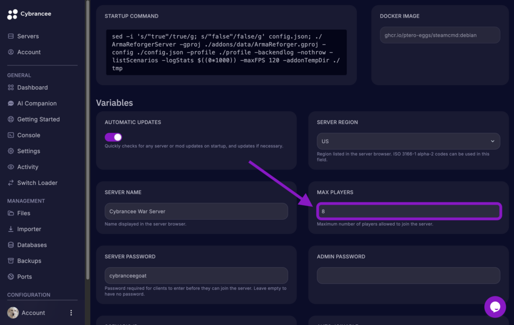 Cybrancee game panel showing the Arma Reforger Startup variables page with the Max Players field updated and highlighted.