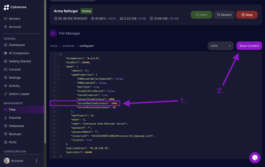 Cybrancee game panel showing the Arma Reforger config.json file editor with the serverMaxViewDistance value highlighted and the Save Content button indicated.
