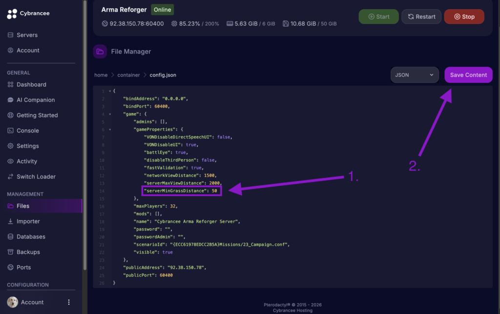 Cybrancee File Manager displaying the Arma Reforger config.json file, with the serverMinGrassDistance value highlighted as 50 and the Save Content button highlighted.