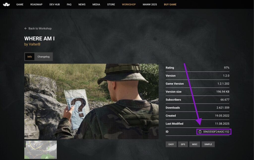Arma Reforger Workshop mod details page for "Where Am I", with the mod ID (5965550F24A0C152) highlighted for copying and use in server configuration.