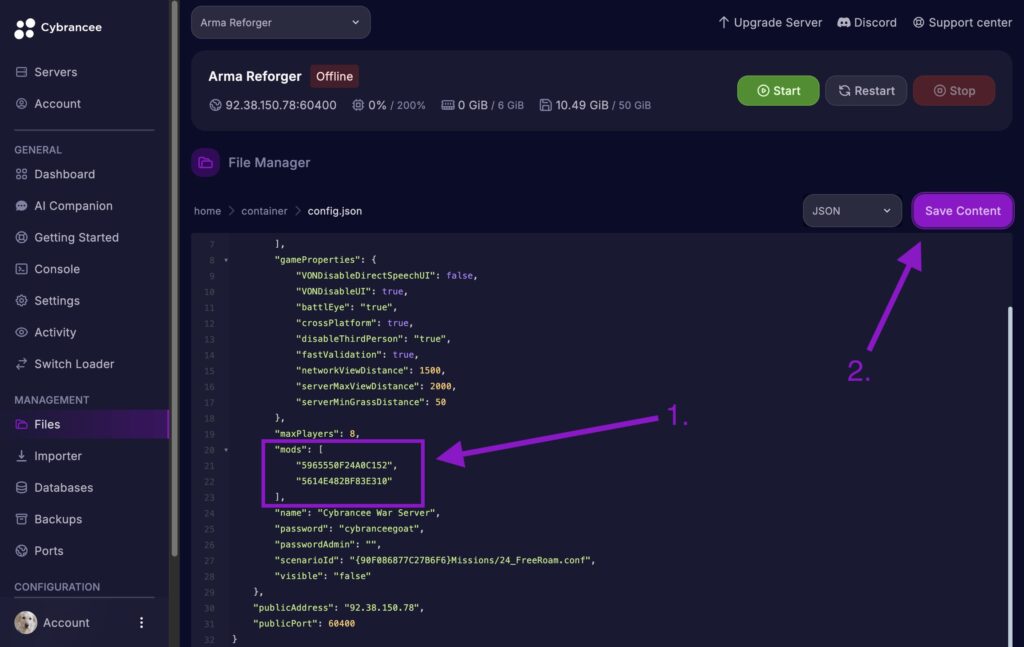 Arma Reforger config.json showing the mods array populated with Workshop mod IDs (5965550F24A0C152 and 5614E482BF83E310), highlighted before saving the configuration.