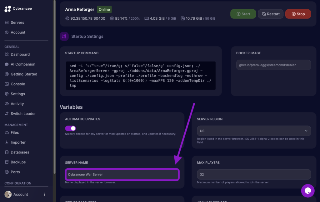 Cybrancee game panel showing the Arma Reforger Startup variables page with the Server Name field updated and highlighted.
