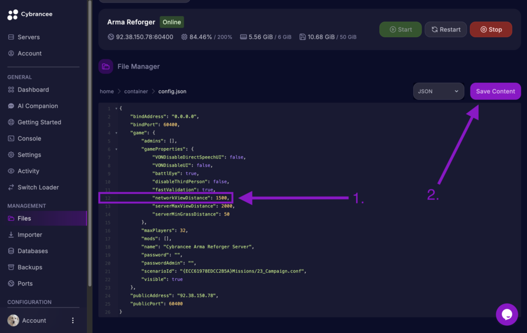Cybrancee game panel showing the Arma Reforger config.json file editor with the networkViewDistance value highlighted and the Save Content button indicated.