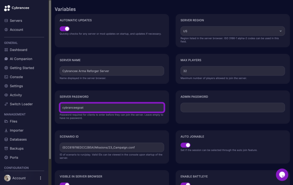Cybrancee game panel showing the Arma Reforger Startup variables page with the Server Password field filled in and highlighted.
