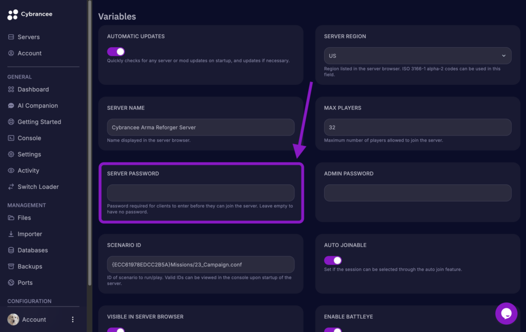 Cybrancee game panel showing the Arma Reforger Startup variables page with the Server Password field highlighted.