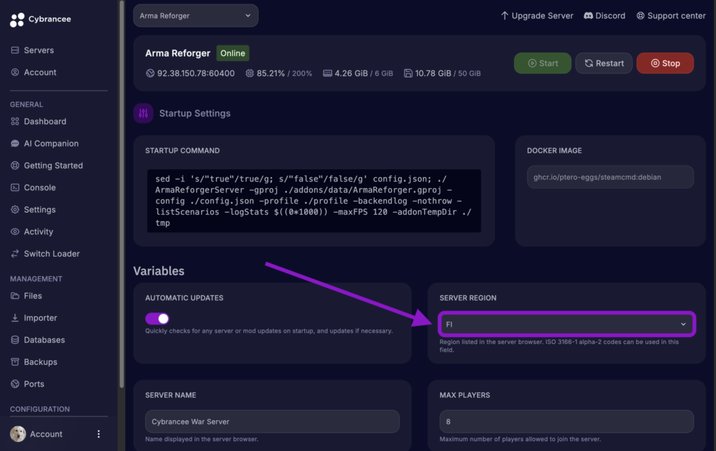 Cybrancee game panel showing the Arma Reforger Startup variables page with the Server Region dropdown updated and highlighted.