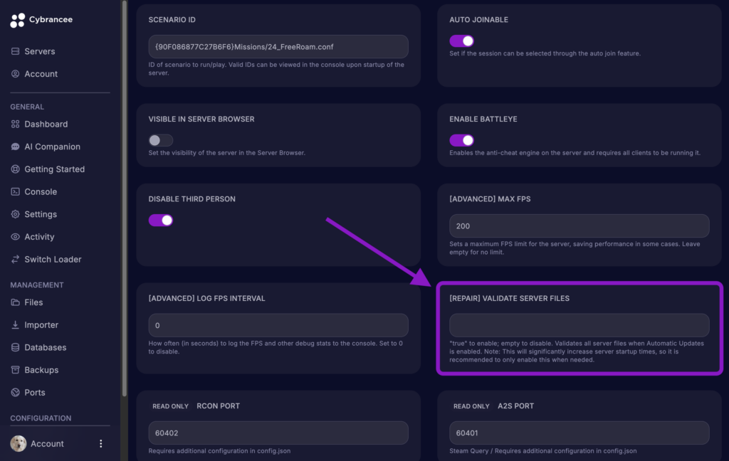 Cybrancee game panel showing the Arma Reforger Startup variables page with the Repair Validate Server Files field highlighted.