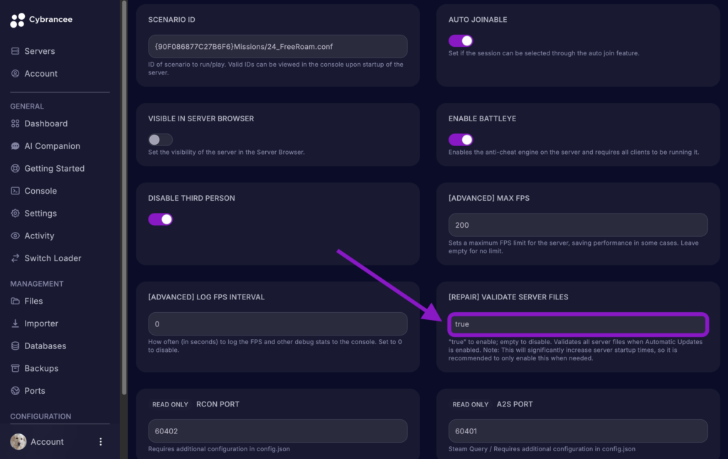 Cybrancee game panel showing the Arma Reforger Startup variables page with the Repair Validate Server Files field updated and highlighted.