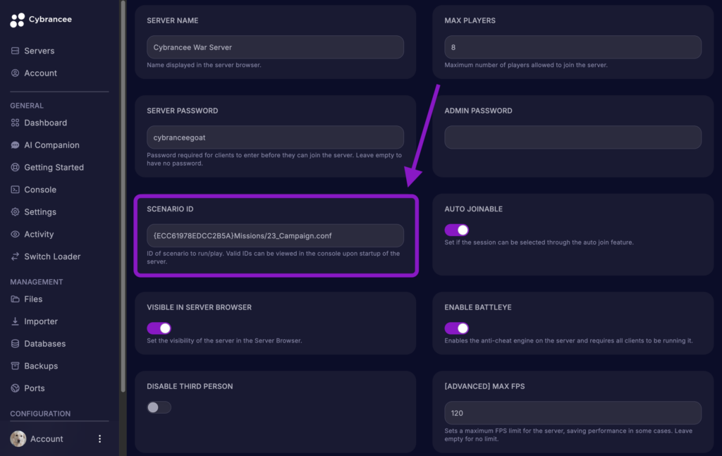 Cybrancee game panel showing the Arma Reforger Startup variables page with the Scenario ID field highlighted.