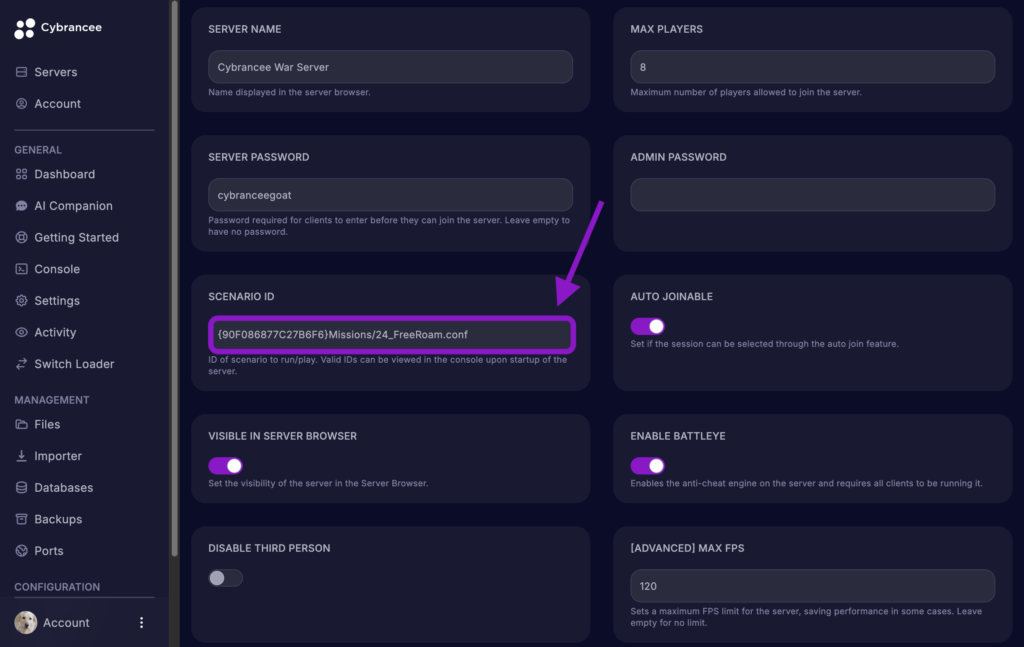 Cybrancee game panel showing the Arma Reforger Startup variables page with the Scenario ID field updated and highlighted.
