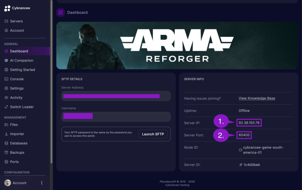 Cybrancee panel Arma Reforger server dashboard with Server Info highlighted