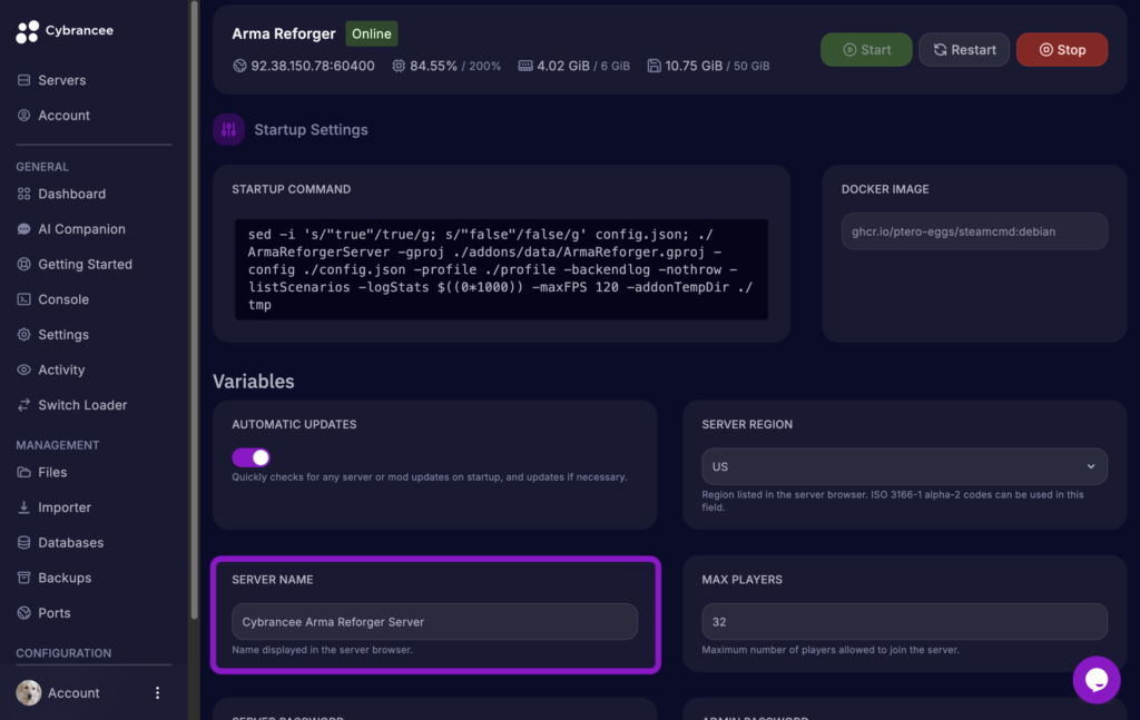 Cybrancee game panel showing the Arma Reforger Startup variables page with the Server Name field filled in and highlighted.