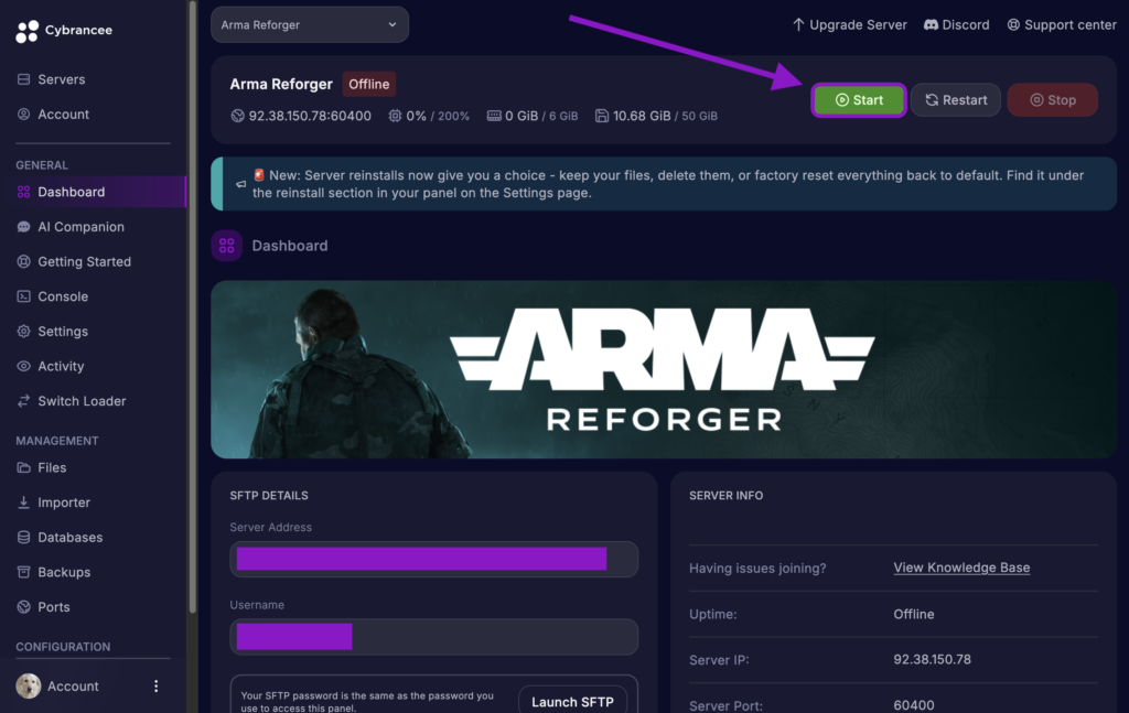 Cybrancee panel Arma Reforger server control interface with Start button highlighted