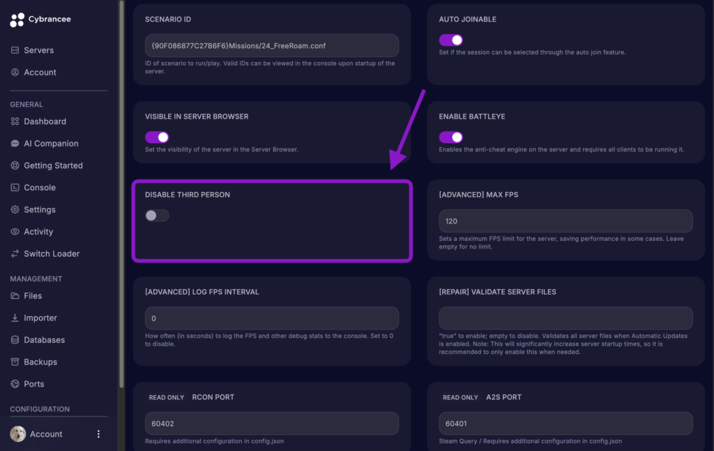Cybrancee game panel showing the Arma Reforger Startup variables page with the Disable Third Person option highlighted.