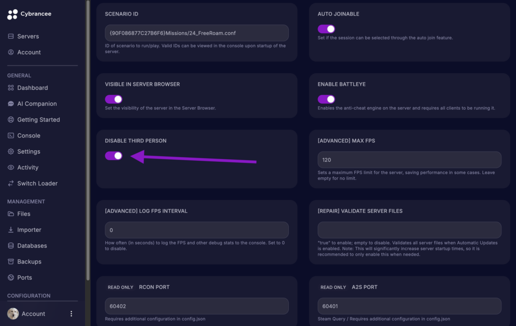 Cybrancee game panel showing the Arma Reforger Startup variables page with the Disable Third Person option enabled and highlighted.