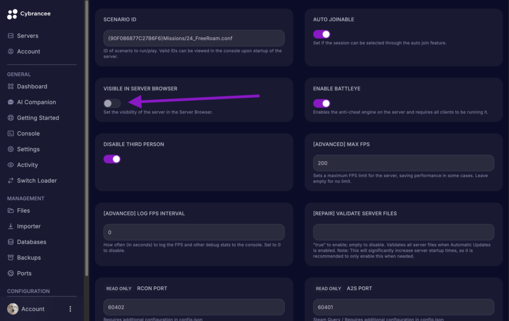 Cybrancee game panel showing the Arma Reforger Startup variables page with the Visible in Server Browser option disabled and highlighted.