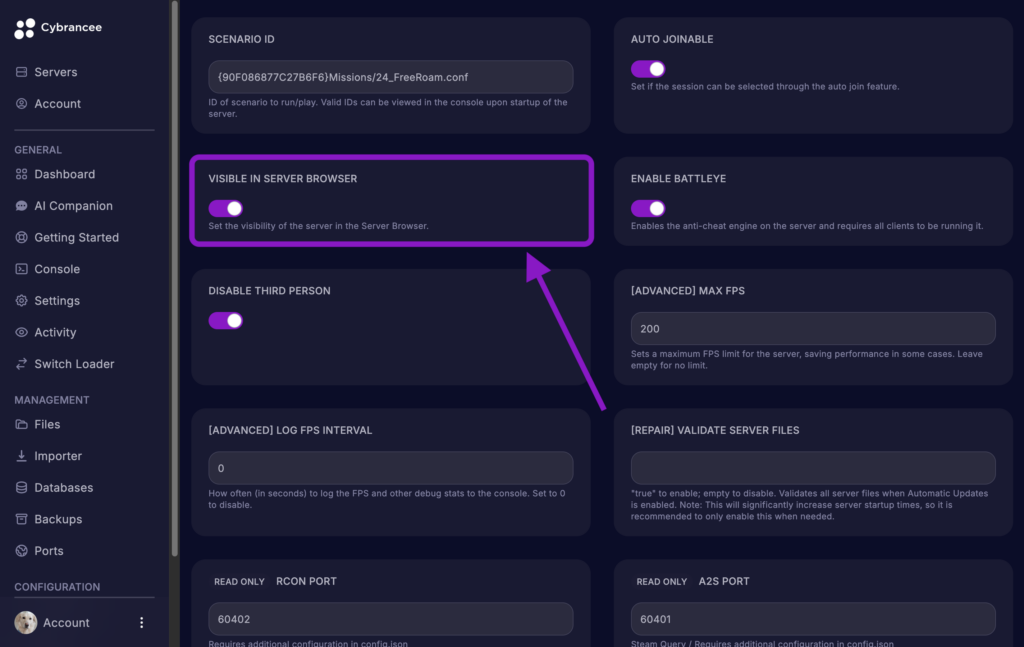 Cybrancee game panel showing the Arma Reforger Startup variables page with the Visible in Server Browser option highlighted.
