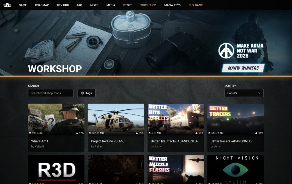 Arma Reforger Workshop page displaying the mod browser, with the Search Workshop Mods field visible and several featured mods listed