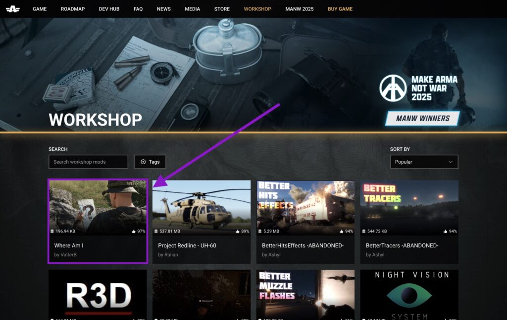 Arma Reforger Workshop page with the "Where Am I" mod highlighted and selected from the list of available workshop mods.