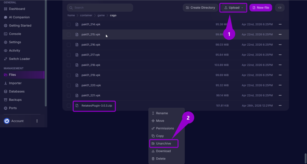 An arrow labeled '1' points to the 'Upload' button used to add the zsharp_stable_2.2.0.zip. A second arrow labeled '2' points to the 'Unarchive' option in the file's context menu, which extracts the ZombieSharp plugin and automatically places the folder into the server directory.