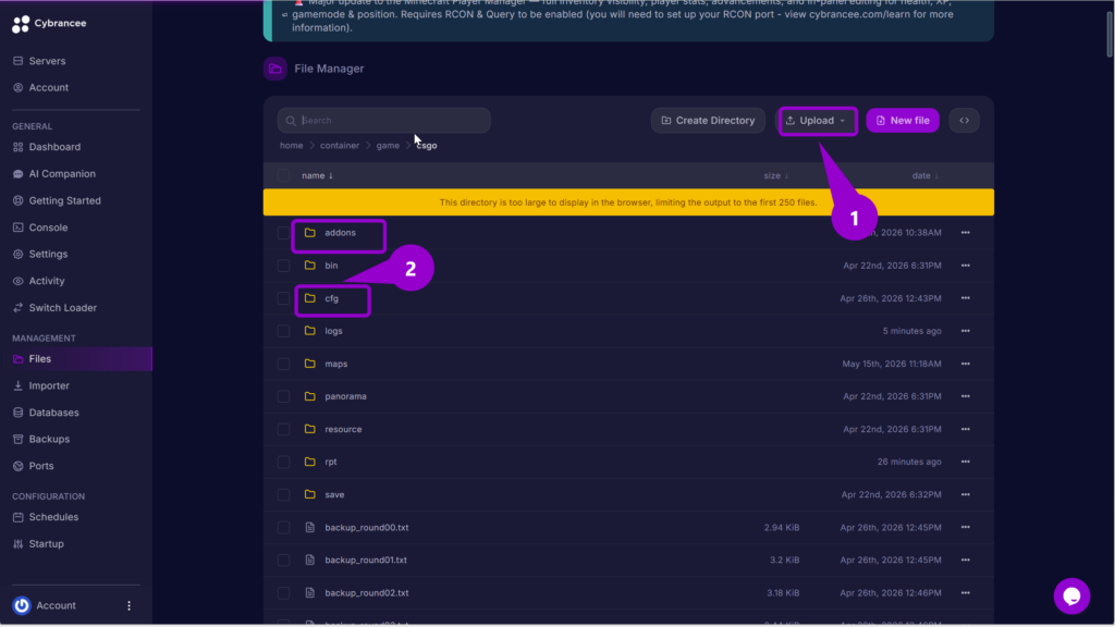 A arrow labeled "1" points to the "Upload" button at the top right and labeled "2" highlights the "addons" and "cfg" folders in the directory list.