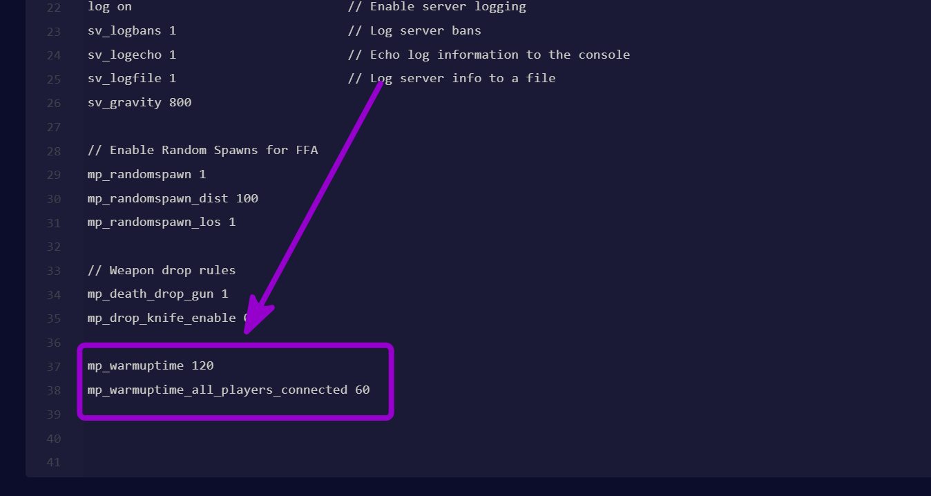 'mp_warmuptime and
mp_warmuptime_all_players_connected ' outlined with arrow