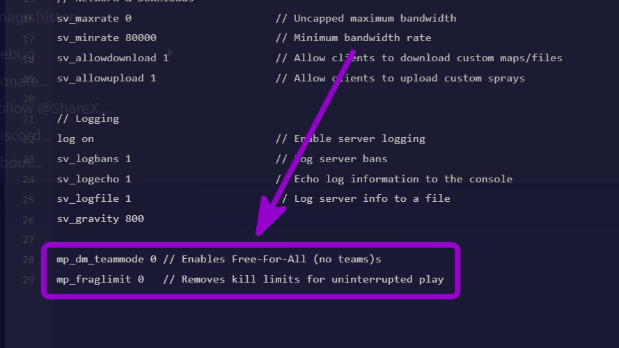'mp_dm_teammode and mp_fraglimit' outlined with arrow