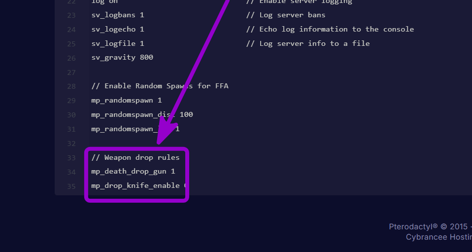'mp_death_drop_gun and
mp_drop_knife_enable' outlined with arrow