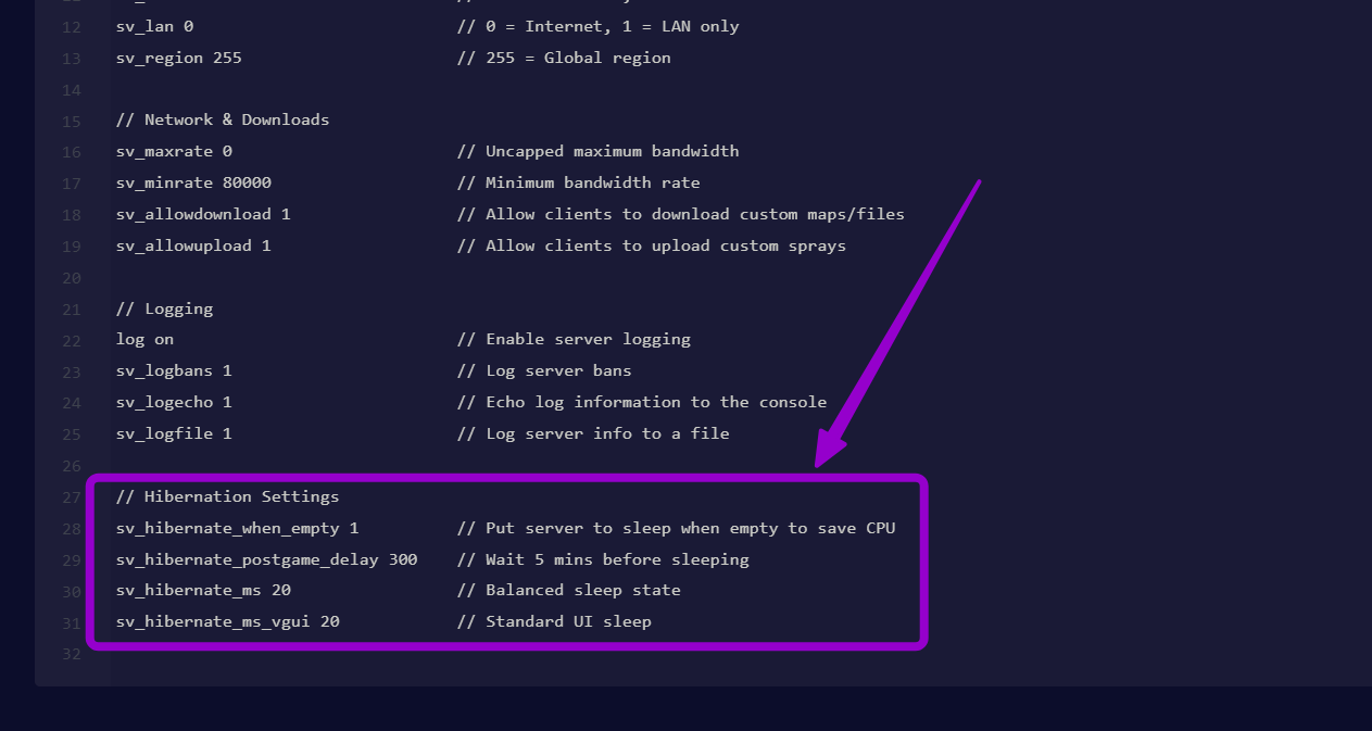 'Hibernation Setting' commands outlined with arrow