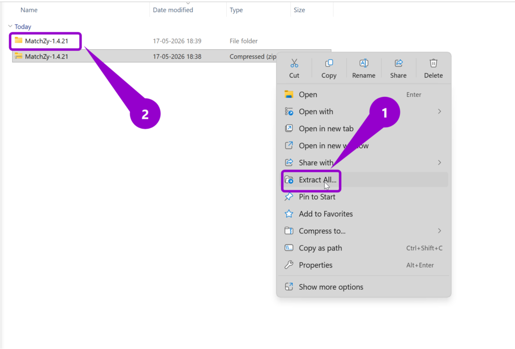 Arrow labeled '1' points to the 'Extract All' option, and an arrow labeled '2' points to the extracted folder.