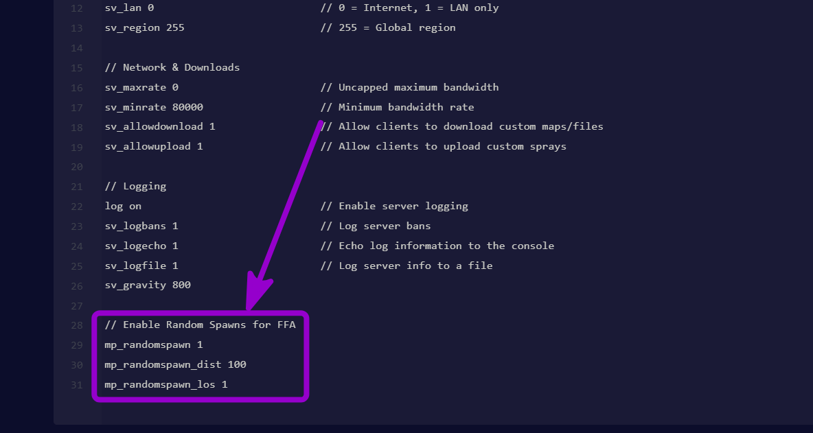 'mp_randomspawn 
mp_randomspawn_dist and  
mp_randomspawn_los' outlined with arrow