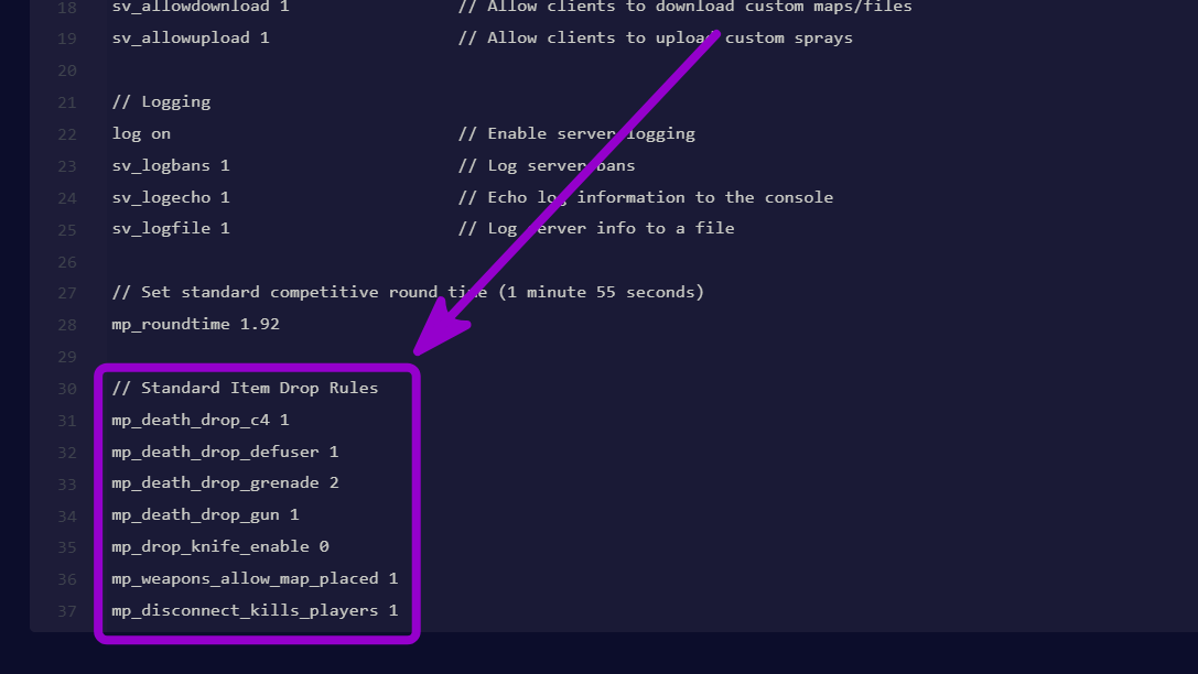 'Standard Item Drop Rules' command outlined with arrow