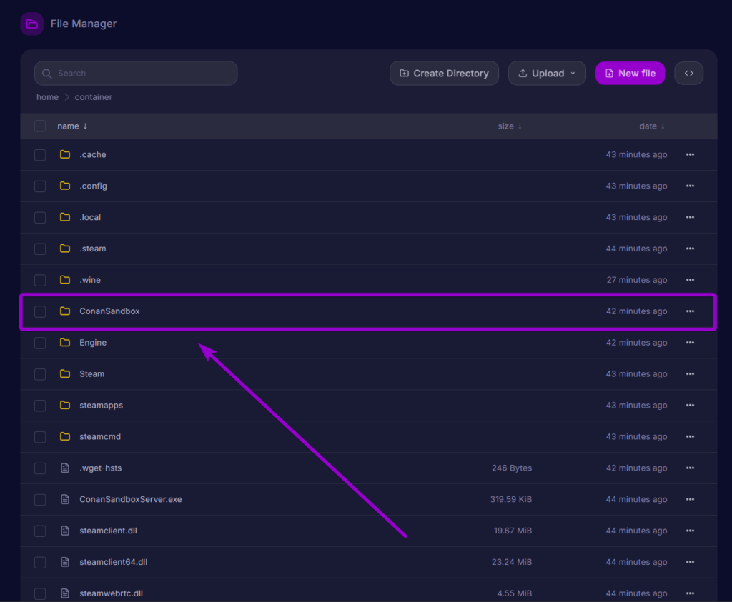 Arrow pointing to the ConanSandbox folder in the Cybrancee file manager