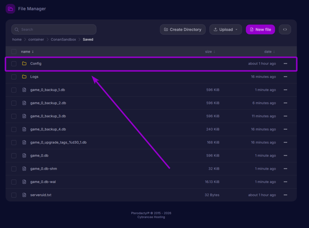Arrow pointing to the Config folder inside the Saved directory