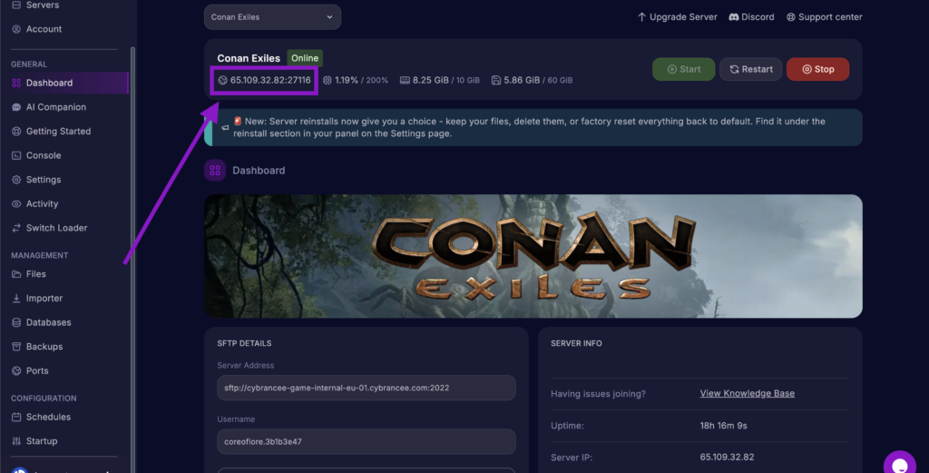 Cybrancee game panel highlighting the Conan Exiles server IP address and port.