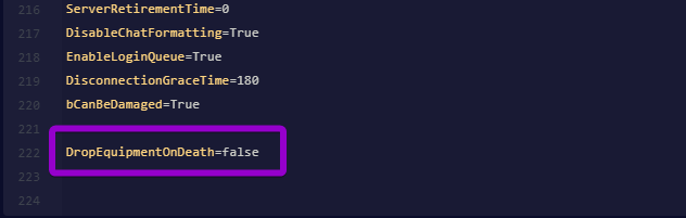 Manually adding DropEquipmentOnDeath to the bottom of the ServerSettings.ini file