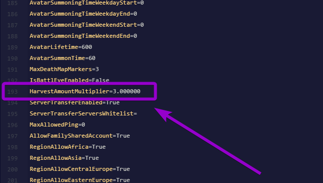 Manually adding HarvestAmountMultiplier to the bottom of the ServerSettings.ini file