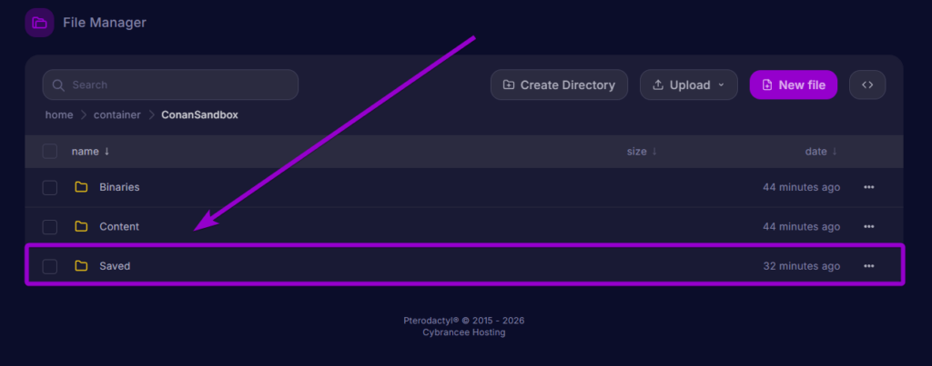 Arrow pointing to the Saved folder inside the ConanSandbox directory