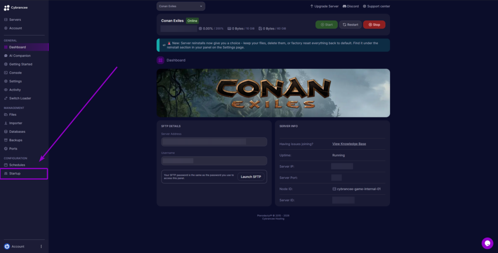 Arrow pointing to the Startup tab on the Cybrancee server panel