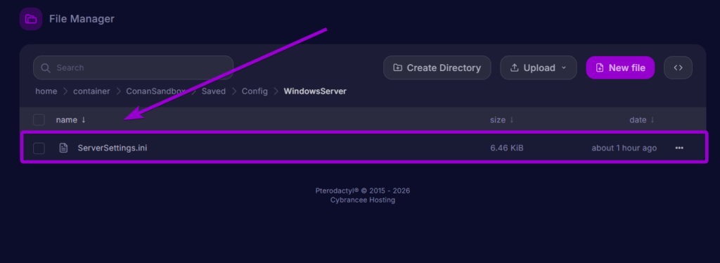 Arrow pointing to the ServerSettings.ini file