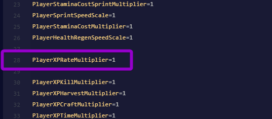 Highlighting the PlayerXPRateMultiplier variable inside the ServerSettings.ini file