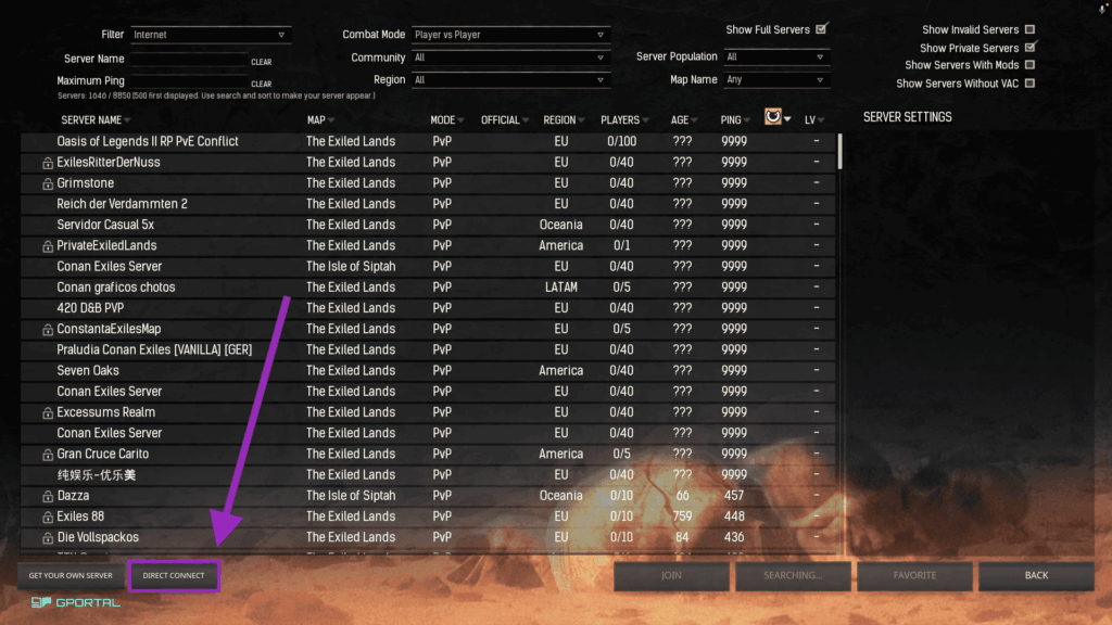 Conan Exiles server browser with the Direct Connect option highlighted.